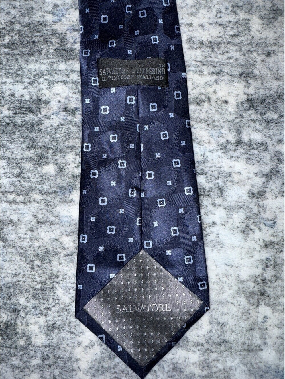 Salvatore Ferragamo Mens Silk Tie 3.25โ Navy Blue Geometric Floral Italy